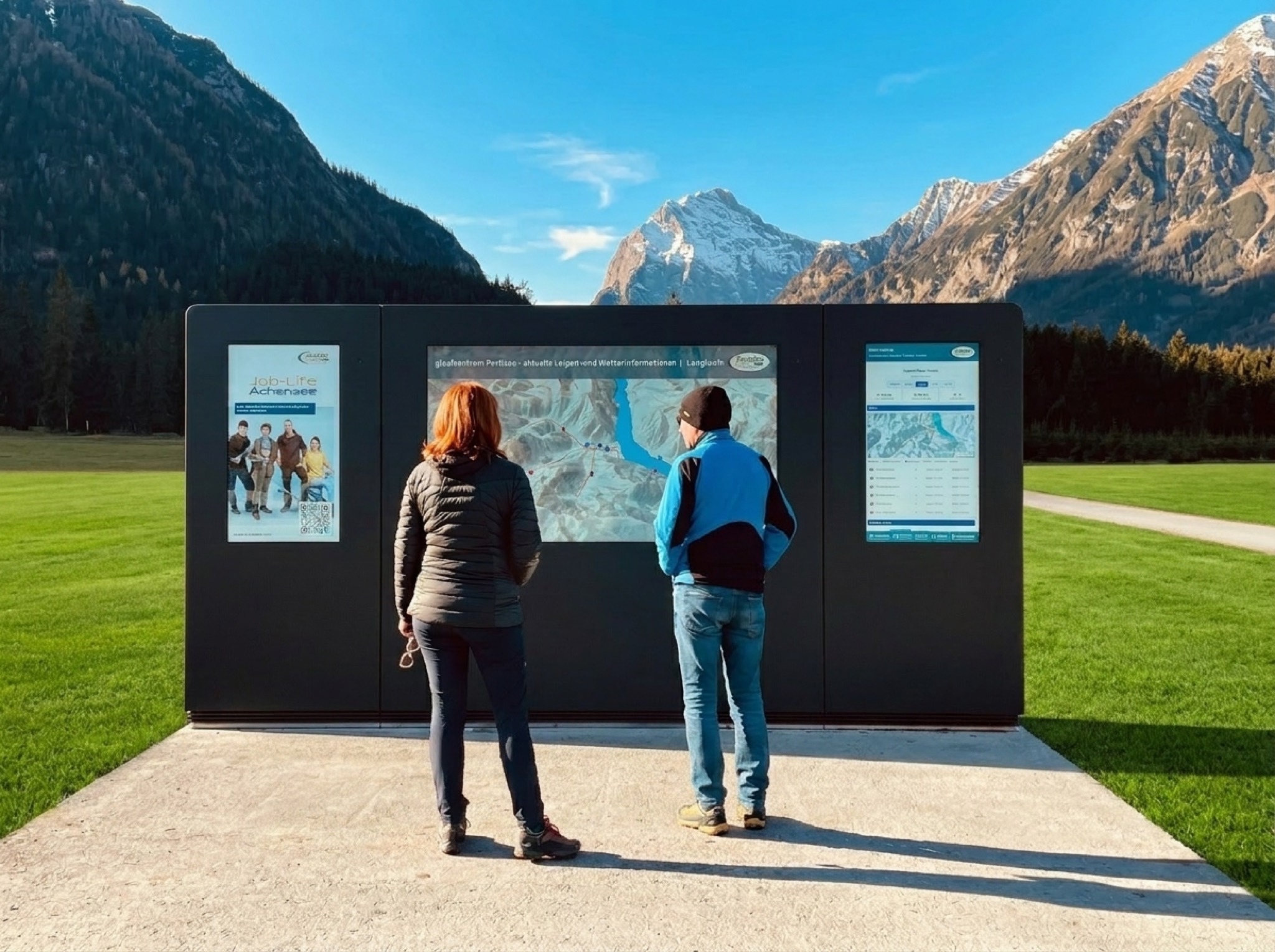 Outdoor wayfinding wall with three displays