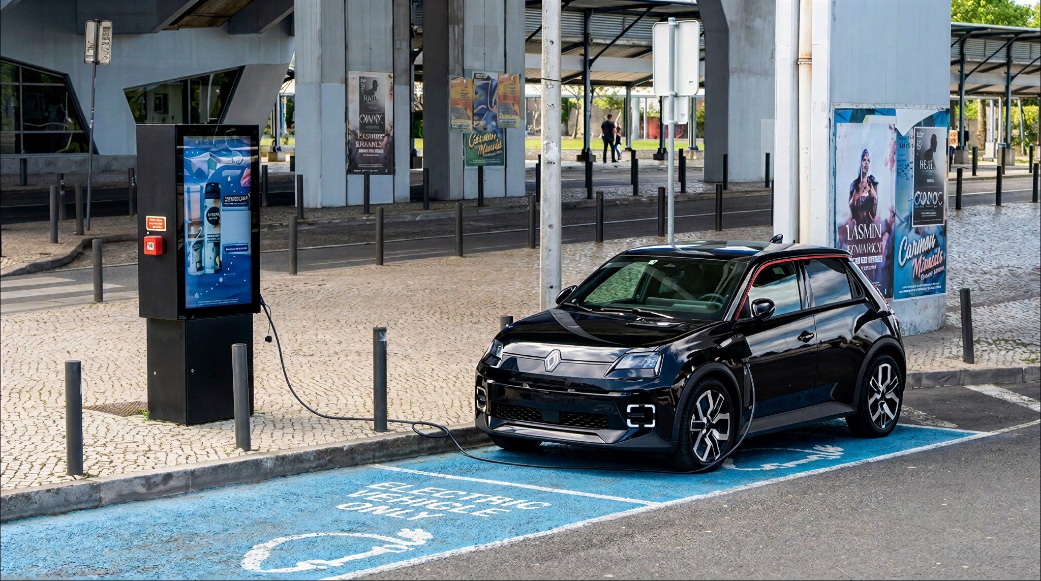 Outdoor totem beside an EV charging bay