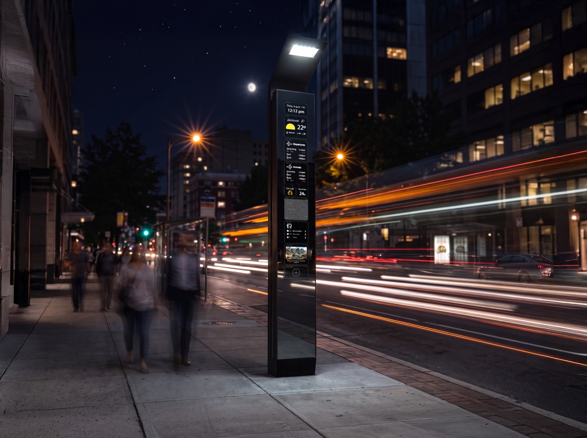 Moobo DOOH totem on a city street at night