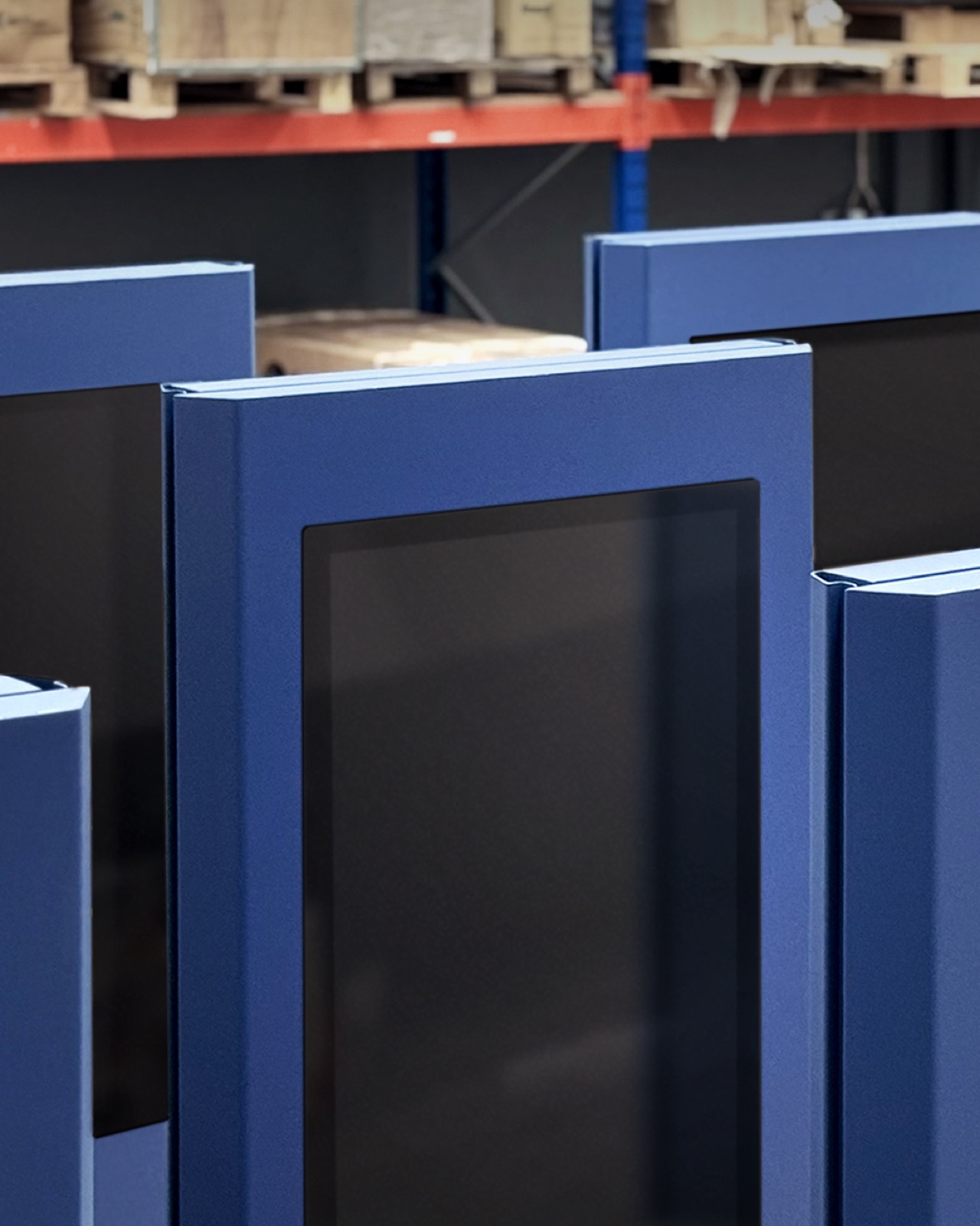 Nex kiosk in a blue finish, close up