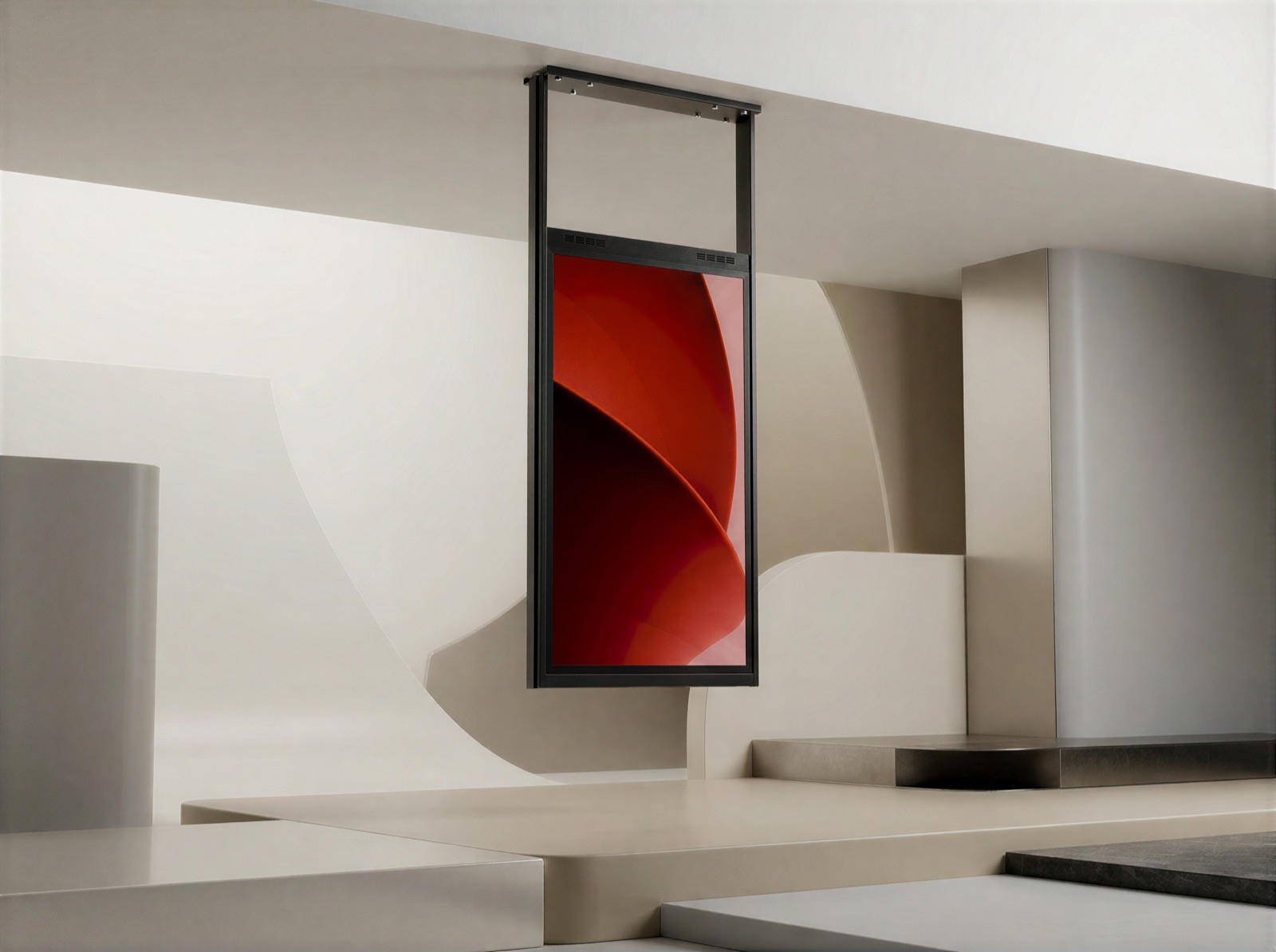 Orium stand against a curved wall
